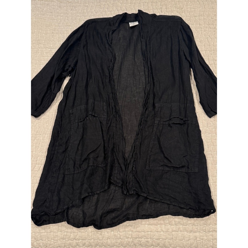 Vintage 90s Linen Cardigan Jacket XL Black Open Front Lagenlook
